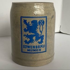 Lowenbrau Stein Mug Germany 4 3/4” tall Ceramic Vintage Beige Blue Logo beige